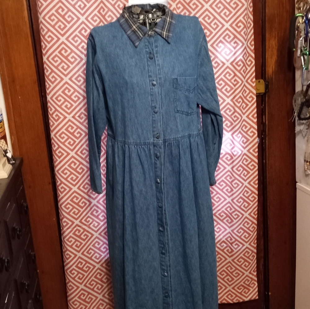 TR Bentley Plus denim/jean maxi midi dress pockets flannel collar buttons 18W